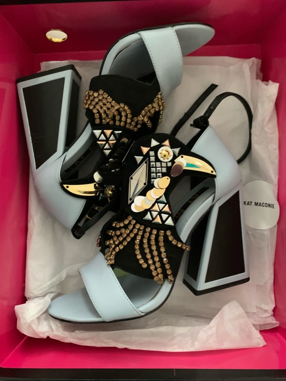 Kat Maconie Resort Aya Dovetail Blue /Gold Embellished Block Heel Shoes Size 5